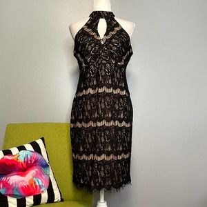 Marina Black Lace Overlay High Keyhole Neck Cocktail Sheath Dress 10